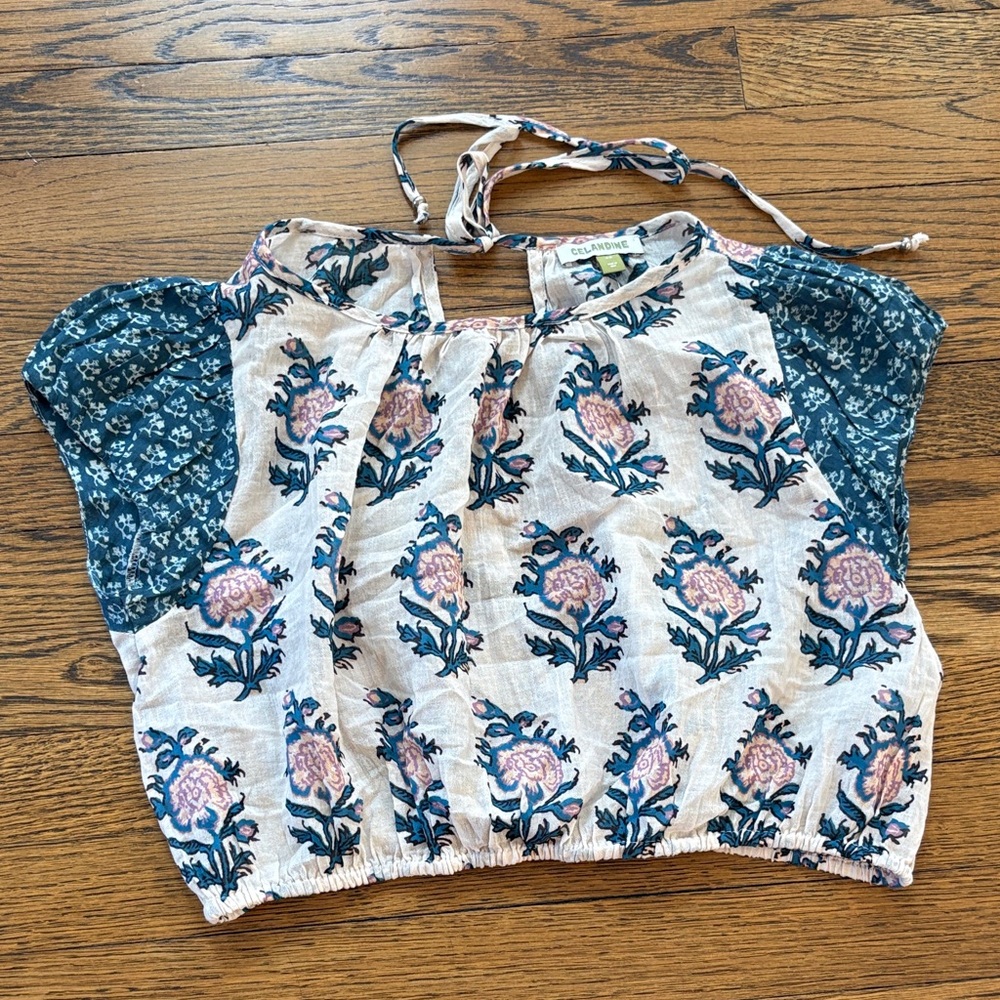 Celandine Anthropologie Floral Boho Crop Top in Blue & Pink, xS